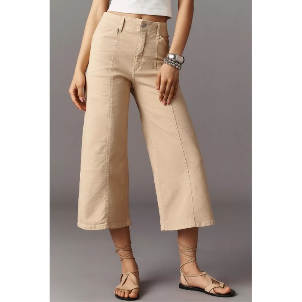 Maeve Delaney Crop Clean-Seamed High-Rise Wide-Leg Jeans Pant Tan Women Size 27‎
